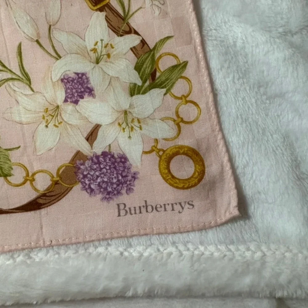 Vtg BURBERRYS Scarf Handkerchief Floral Chain Belt Print Pink Cotton 19x19